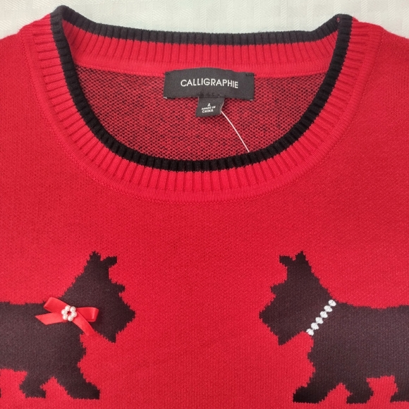 Scottie Dog Pullover Sweater by Calligraphie Red Soft Poly Blend Size L - Picture 1 of 13